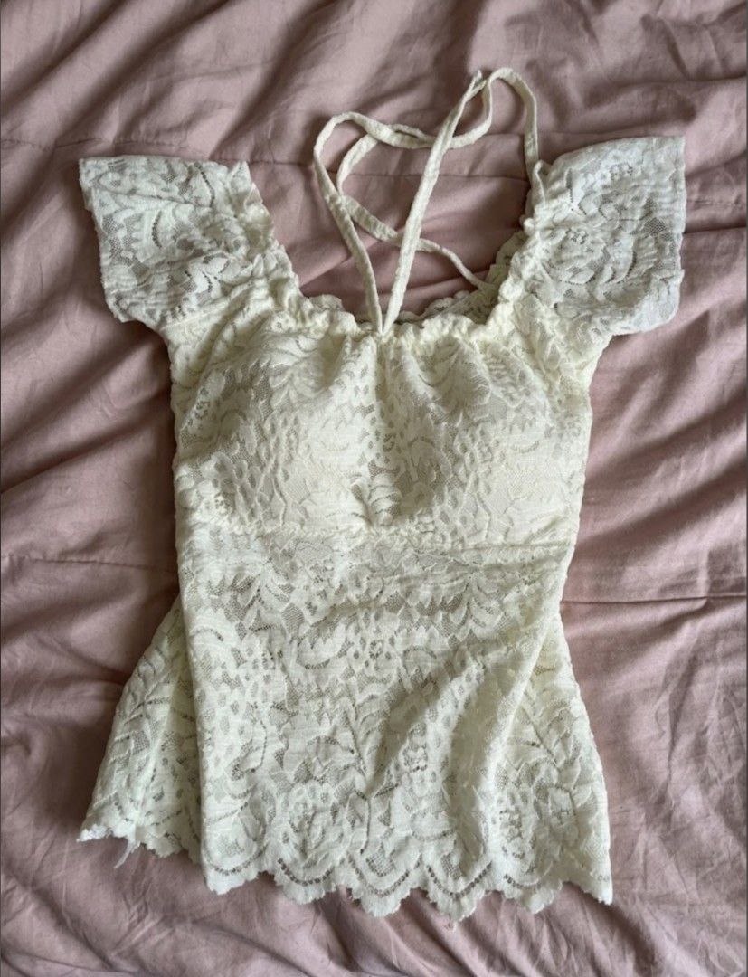 White Laced Blouse Top (Category: Blouses) located in Manila. Submitted by littlenicsfinds (Listing ID 1470675348, Image 2). Description: small to large, stretchy fitted body hugging.