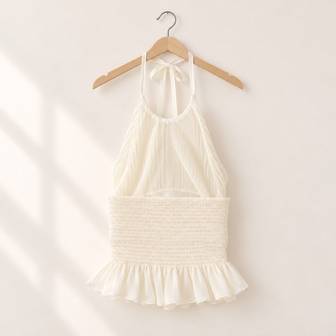 White Pleated Halter Top (Category: Sleeveless) located in Quezon City. Submitted by mspgarcia (Listing ID 1470741130, Image 2). Description: Bought from Thailand! Super cute and elegant but too small on me. Width: 30cm Length: 40cm .