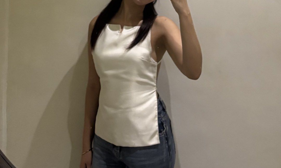 White Satin Open Back Cami Top (Category: Sleeveless) located in Manila. Submitted by perwinkle.ph (Listing ID 1470708421, Image 3). Description: - satin - open back, can be adjusted - perfect for chic styles .