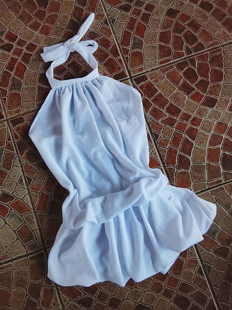 WHITE SELFTIE HALTER BACKLESS MINI DRESS (Category: Dresses) located in Batangas. Submitted by jaselegance (Listing ID 1470689276, Image 3). Description: small to large size high quality crepe fabric self tie halter garterized waist mini dress.