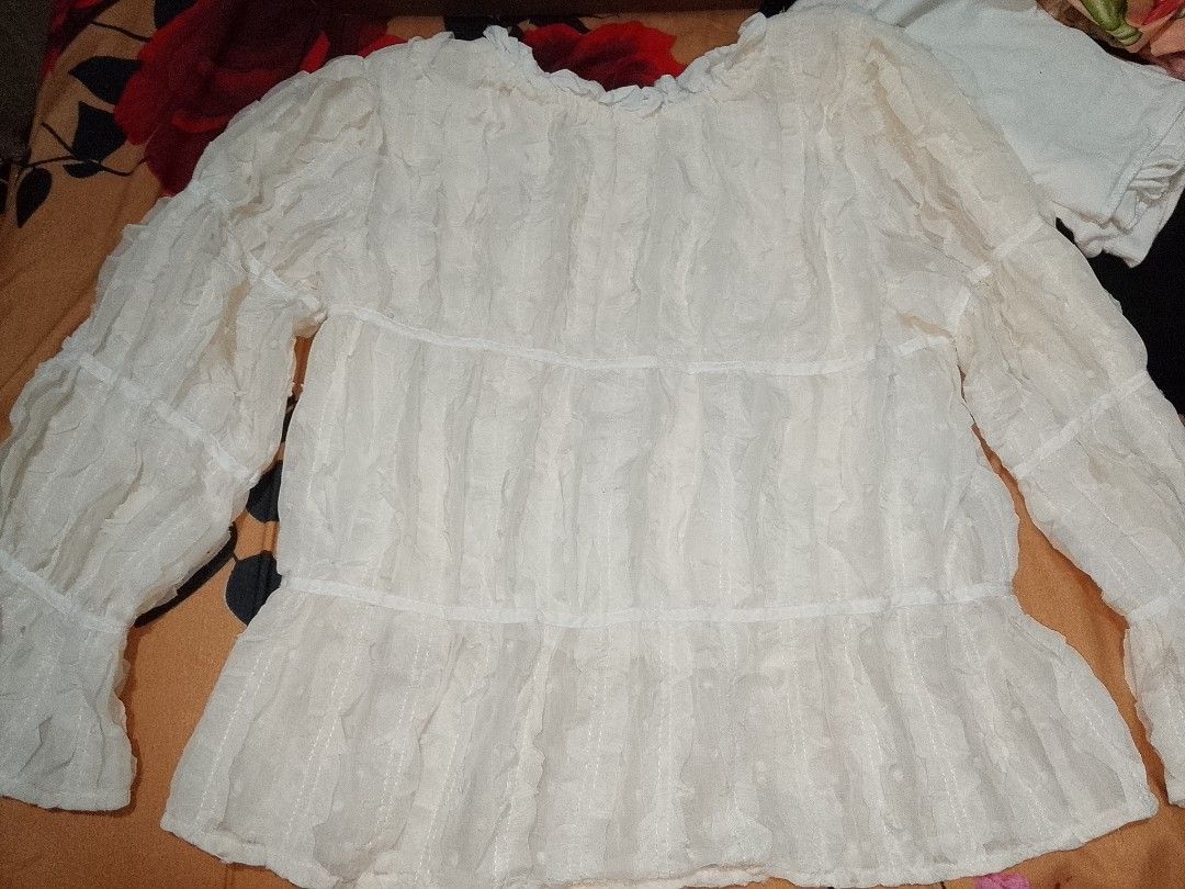 White Swiss Dot Tiered Ruffle Blouse Long Sleeve (Category: Blouses) located in Manila. Submitted by sevianna (Listing ID 1470652138, Image 1). Description: small - semi med preloved.