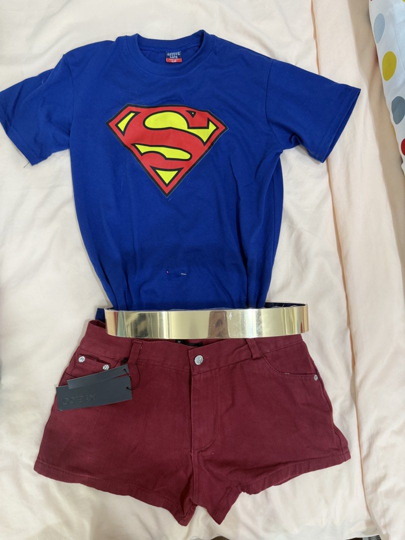 womens superman halloween costume set (Category: Shirts) located in Manila. Submitted by cats_and_everything (Listing ID 1470634301, Image 1). Description: Complete 3-piece outfit set Blue Superman logo t-shirt -(Size XS but fits up to s-m) bust: 34 Burgundy low waist denim shorts with tags still attached (29”) -fits ppl with 25-27” waist since it’s low waisted Shiny metallic gold belt -still sealed in plastic pa super laid back costume. all bran