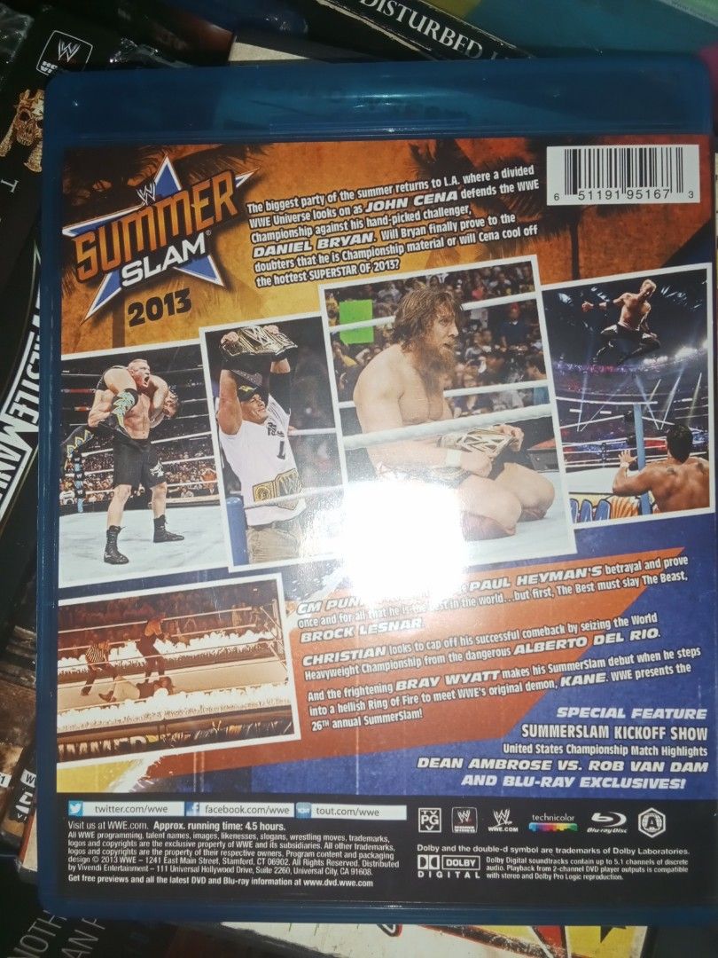 WWE SummerSlam 2013 Blu-ray (Category: CDs & DVDs) located in Cavite. Submitted by emilgarcia09 (Listing ID 1470621845, Image 2). Description: - Original WWE SummerSlam 2013 Blu-ray disc - Epic matches featuring John Cena, Daniel Bryan, CM Punk, Brock Lesnar, and more - Total running time of approximately 4.5 hours - Special features include SummerSlam Kickoff Show and US Championship match highlights - Comes in standard blue case with artwork in