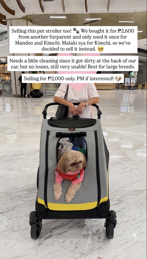 XL Multi-Pet Stroller Carrier Grey Yellow (Category: Homes & Other Pet Accessories) located in Paranaque City. Submitted by jenninadc (Listing ID 1470594750, Image 1). Description: - Color: Grey and Yellow - Spacious interior fits two dogs comfortably with no crowding - Large mesh windows on front and sides for great ventilation and views - Smooth-rolling wheels and sturdy frame for easy daily walks or mall trips - Conveniently folds down for eas