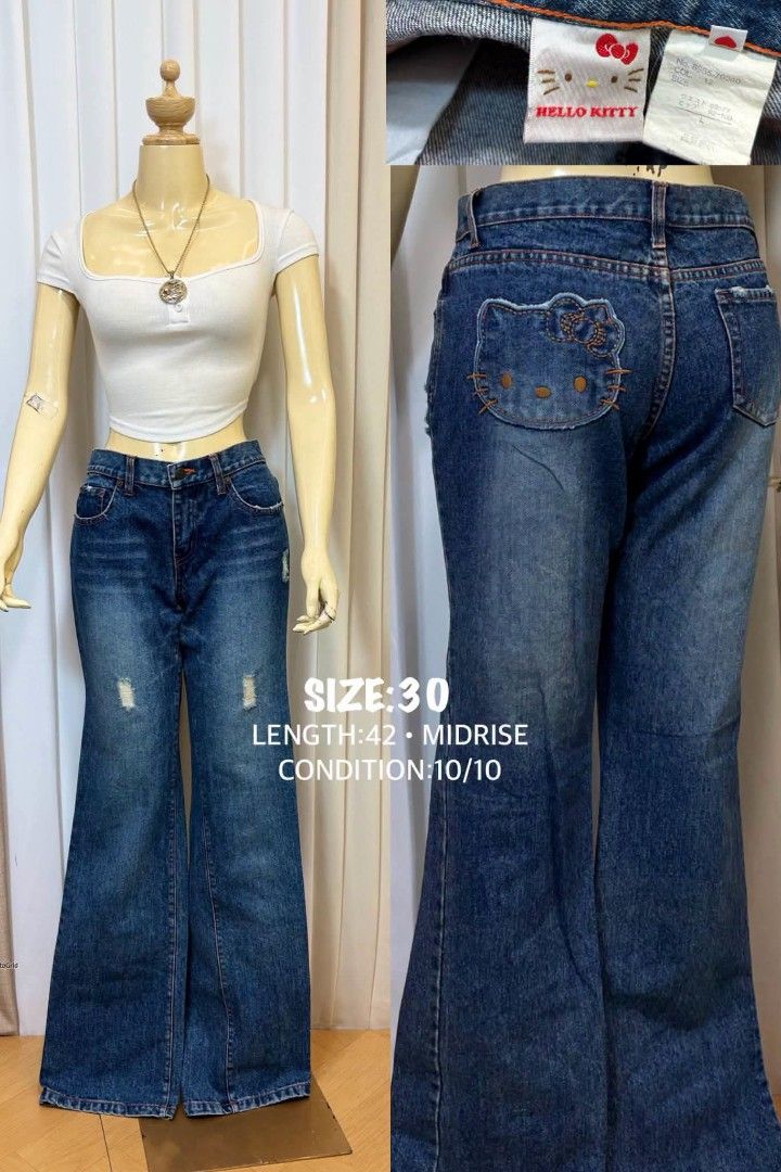 Y2K Authentic Sanrio Japan Vintage (Category: Jeans) located in Davao. Submitted by jedee31 (Listing ID 1470690685, Image 1). Description: 🎀✨ Y2K Hello Kitty Flared Jeans ✨🎀 The ultimate dream denim! Check out that iconic back pocket detail and the perfect mid-rise flare fit. Slide to see the tag and details! 😻👇 Size: 30 Length: 42" (Mid-rise) Condition: 10/10 (Excellent vintage condition) very rare.
