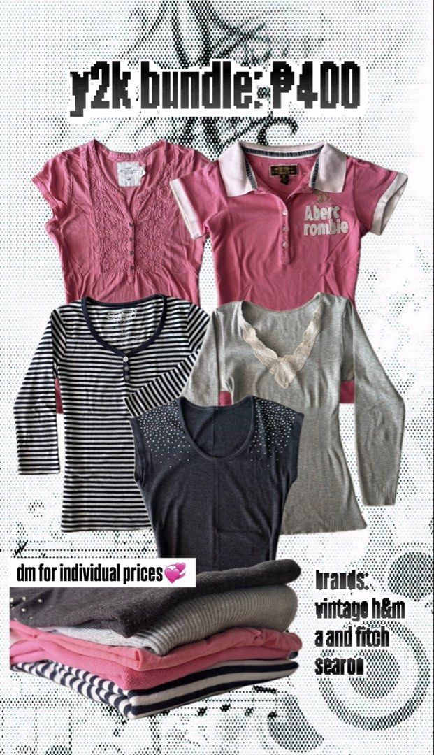 Y2K BUNDLE💞 (Category: Shirts) located in Manila. Submitted by yin.yang9612 (Listing ID 1470661407, Image 1). Description: includes 5 y2k tops: -vintage h&m henley -a and fitch polo -searoo henley -lace knitted long sleeve -mini sleeve blouse with rhinestones.