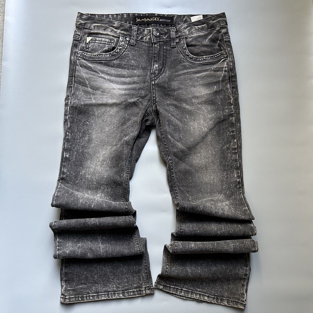 y2k studded lowrise boot cut jeans (Category: Jeans) located in Liloan. Submitted by fairymary.ph (Listing ID 1470652330, Image 1). Description: READ BIO BEFORE BUYING✨ P250+sf brand: jambangee (vintage sokor brand) size: 30 length: 41” hem: 9” no ww.
