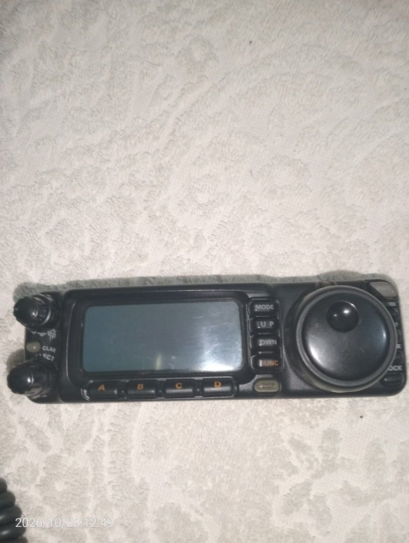 Yaesu FT-100 HF/VHF/UHF All Mode Transceiver (Category: Walkie-Talkie) located in Meycauayan. Submitted by alfredo.r.lim.jr (Listing ID 1470653094, Image 1). Description: - Model: Yaesu FT-100 HF/VHF/UHF all-mode amateur radio transceiver - Condition: Used unit, fully tested and working, comes fully wired with attached power cables - Design: Black casing, front display panel, multi-function dial, and top speaker grille - Rear Panel: Equipped with