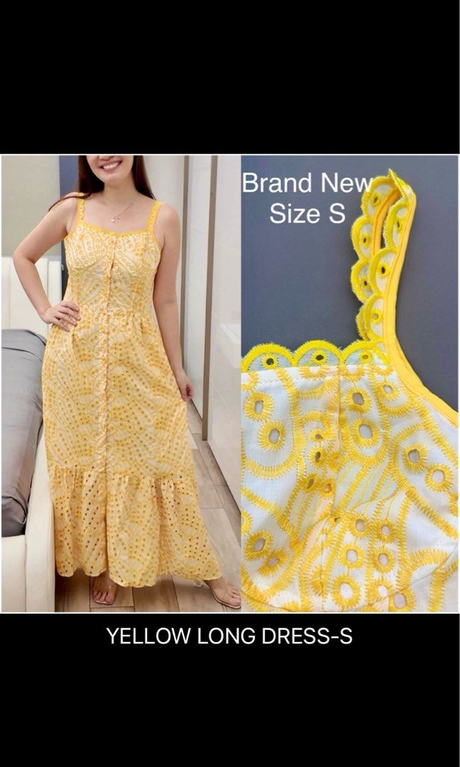 Yellow Eyelet Long Dress Size S (Category: Dresses) located in Calumpit. Submitted by sheenadiaz50814 (Listing ID 1470680579, Image 1). Description: - Size: S - Color: Bright yellow - Material: Cotton blend with intricate circular cut-out patterns - Design: Spaghetti straps with scalloped trim, front button-down closure, and ruffled hem - Length: Midi or maxi (depending on height) - Condition/Vibe: Clean silhouette, easy to style for sunny days o