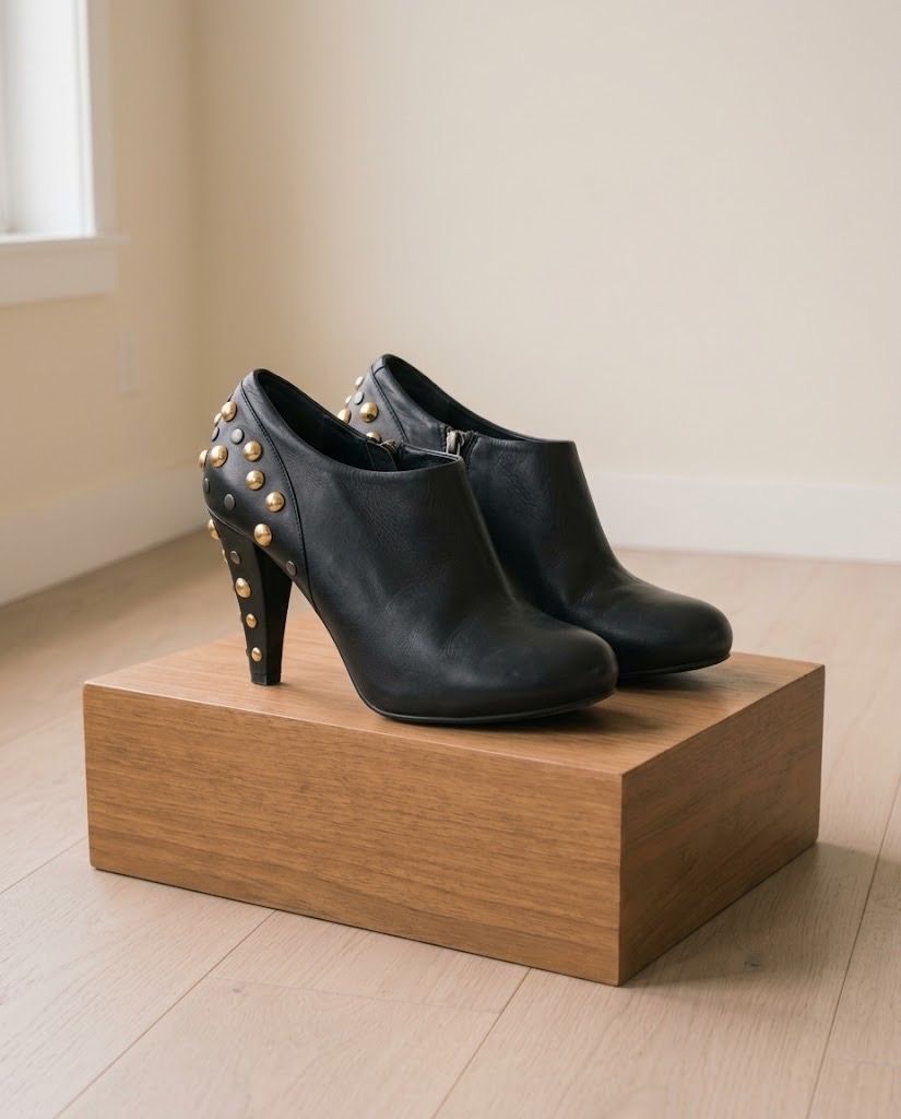 YOMA BLACK STUDS HEELS SHOES US 6 (Category: Heels) located in Marikina City. Submitted by minimalistmanila (Listing ID 1470568161, Image 1). Description: Yoma babouska black leather studded ankle boots. US 6. Approx 3 inches height. Never used. Similar to Gucci shoes. Bought in London for P9,500 if converted. Order now! *Issues: Minor nicks, 3-4 metal buttons tarnishing that can be polished and needs heel rubber replacement, hence discounted pri