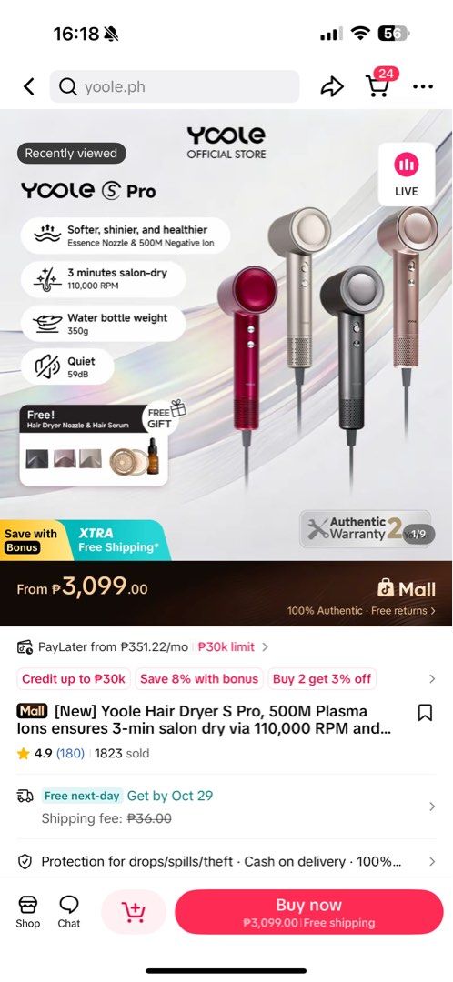 yoole hair dryer (silver pink) (Category: Hair) located in Pasig City. Submitted by anvieya (Listing ID 1470719086, Image 3). Description: - used a few times only - box is in pasig, if willing to wait for the box, probably around monday (pay to reserve) - rfs: will be buying a new styler 💰: gcash / cash (only when pick up) 📦: lalamove / pick up 📍: pasay, metro manila NOTES * FIRST TO PAY gets the item * NO returns/refund * NO rush shipments * 