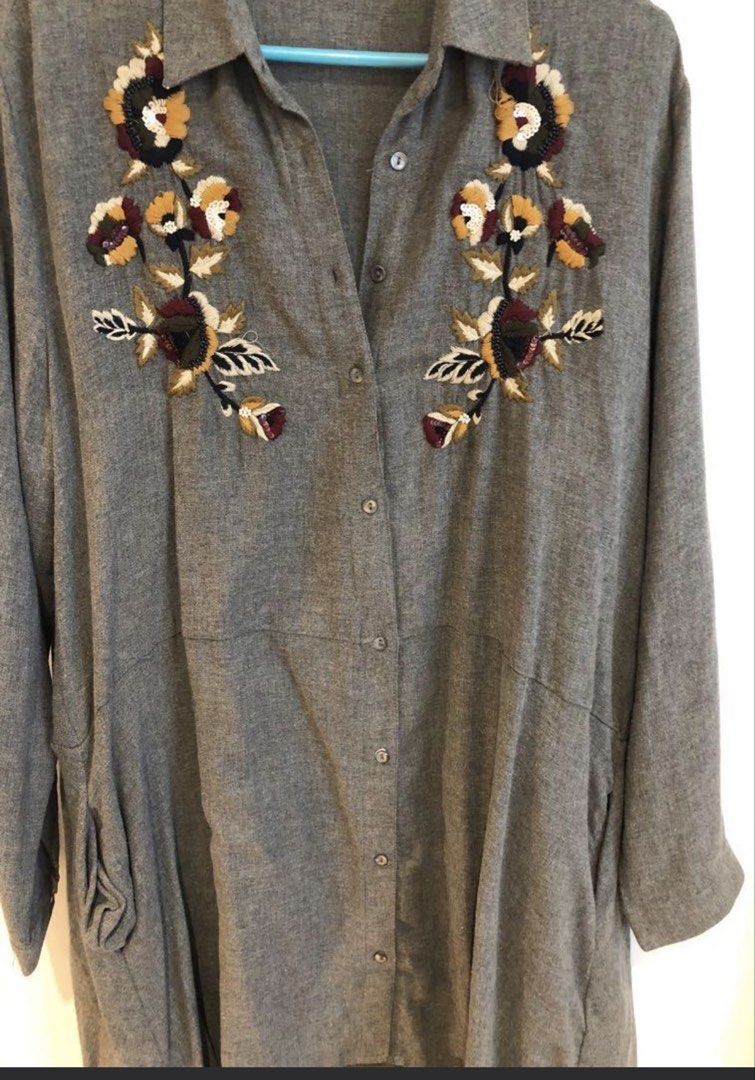 Zara Basic Collection Grey Embroidered Shirt Size L (Category: Shirts) located in Manila. Submitted by cutielove888 (Listing ID 1470563038, Image 1). Description: - Brand: Zara Basic Collection - Style: Grey button-down shirt with floral embroidery on the front placket - Size: EUR L, USA L, MEX 30 - Features: Long sleeves with button cuffs, collar neckline, and convenient side pockets - Origin: Made in India - Condition: Excellent.