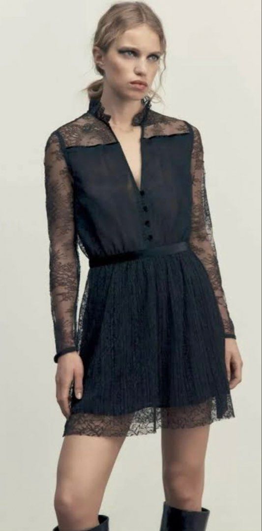Zara Black Lace Mini Dress (Category: Dresses) located in Makati City. Submitted by purewind.a22dcd (Listing ID 1470594411, Image 1). Description: - Brand: Zara - Style: Black lace dress with long sleeves and button-up front - Size: Medium (M) - Condition: Brand new with original tags attached (PHP 3,295 retail price), never worn - Details: Features a flattering pleated skirt section and an elegant velvet waist detail - Perfect for: Date nights, 