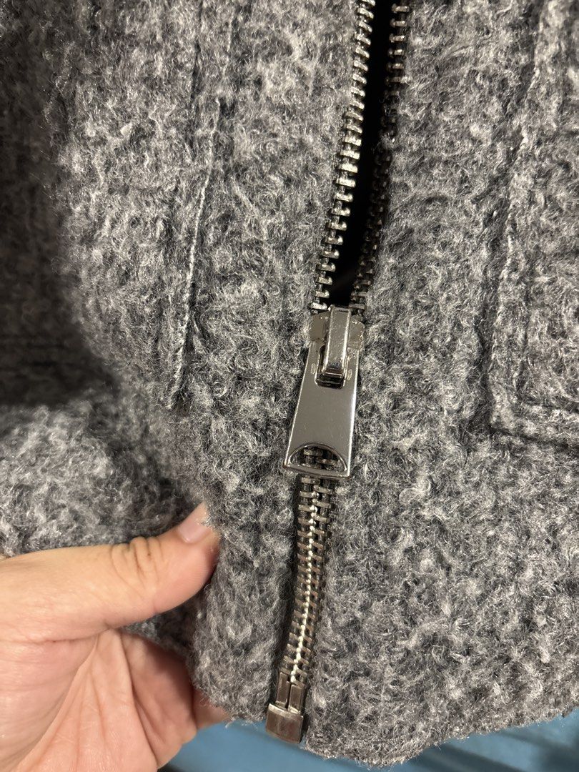 Zara Grey Textured Cropped Zip Jacket XS (Category: Coats, Jackets and Outerwear) located in Tarlac. Submitted by somethinboutgyu (Listing ID 1470672468, Image 3). Description: - Brand: Zara - Size: XS - Color: Grey - Material/Texture: Textured outer with fully lined interior - Closure: Full front zipper with collar - Pockets: Two front chest pockets with snap button flaps - Condition: Great cropped outerwear for cooler days.
