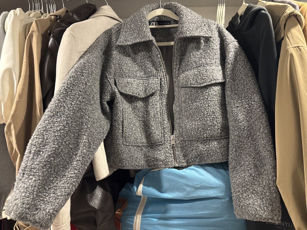 Zara Grey Textured Cropped Zip Jacket XS (Category: Coats, Jackets and Outerwear) located in Tarlac. Submitted by somethinboutgyu (Listing ID 1470672468, Image 1). Description: - Brand: Zara - Size: XS - Color: Grey - Material/Texture: Textured outer with fully lined interior - Closure: Full front zipper with collar - Pockets: Two front chest pockets with snap button flaps - Condition: Great cropped outerwear for cooler days.