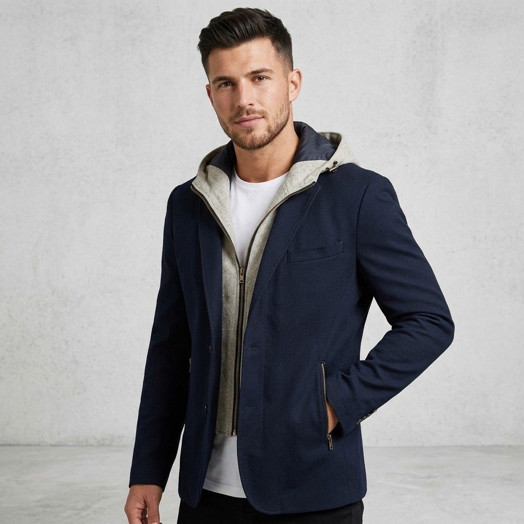 Zara Man Navy Blue Hooded Blazer Jacket (Category: Coats, Jackets and Outerwear) located in Pasig City. Submitted by driplocale (Listing ID 1470682042, Image 2). Description: Zara Man Navy Blue Hooded Blazer Jacket Condition 9.5/10 (Pristine Condition✨) Size: Medium Chest Width: 21.5inches Shoulder Width: 18inches Length (Shoulder to Hem): 30inches.