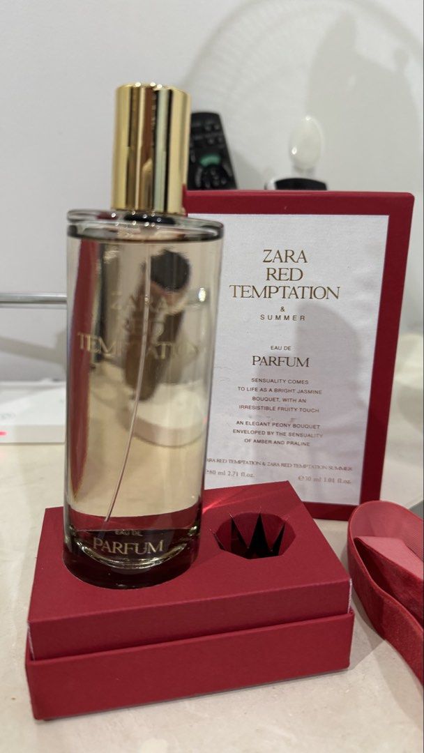 ZARA Red Temptation EDP 80ml (100% full) (Category: Fragrance & Deodorants) located in Las Pinas. Submitted by aix.offloads (Listing ID 1470611344, Image 3). Description: ⚪️ SRP: 1,695php for EDP 80ml in Zara ⚪️ currently sold out in Zara’s app/website ⚪️ this bottle is guaranteed untouched !!! ⚪️ bought in Singapore as a set with the summer version (which i’m keeping) ⚪️ will send out with red box it comes with since i don’t need it ⚪️ BR540 dup