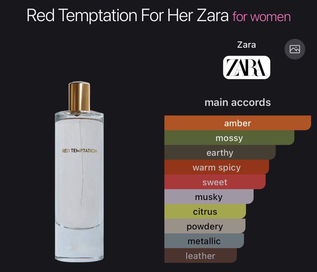 ZARA Red Temptation EDP 80ml (100% full) (Category: Fragrance & Deodorants) located in Las Pinas. Submitted by aix.offloads (Listing ID 1470611344, Image 1). Description: ⚪️ SRP: 1,695php for EDP 80ml in Zara ⚪️ currently sold out in Zara’s app/website ⚪️ this bottle is guaranteed untouched !!! ⚪️ bought in Singapore as a set with the summer version (which i’m keeping) ⚪️ will send out with red box it comes with since i don’t need it ⚪️ BR540 dup
