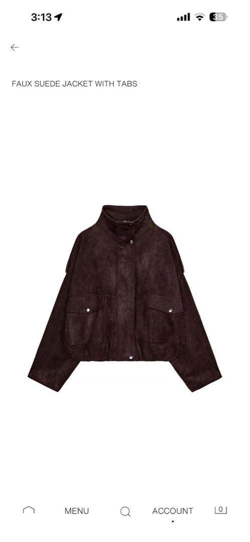Zara Suede Jacket With Tabs Brown Size M (Category: Coats, Jackets and Outerwear) located in Manila. Submitted by M0detackle (Listing ID 1470679488, Image 1). Description: - Brand: Zara - Condition: Brand new with tags (Never worn) - Size: Medium (M) - Color: Dark Brown - Material: Soft faux suede - Features: High collar, zipper with snap button closure, front patch pockets, and shoulder tabs - Fit: Structured fit.