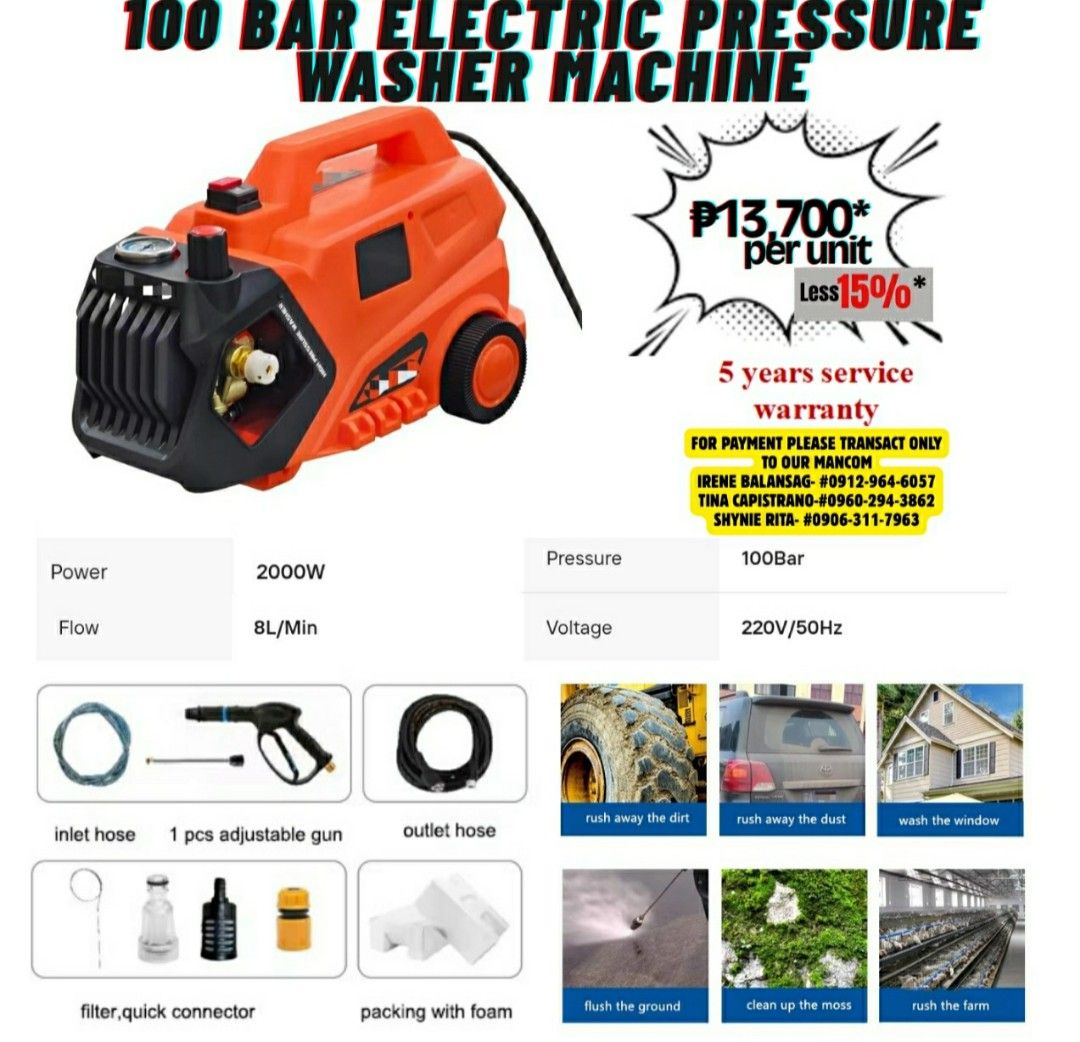 100 Bar Electric Pressure Washer Machine | 2000W | 220V (Category: Cleaning Tools & Supplies) located in Quezon City. Submitted by prelvdest26 (Listing ID 1470899719, Image 1). Description: 100 Bar Electric Pressure Washer Machine Condition: Please inquire for availability and unit condition. Specifications: Pressure: 100 Bar Power: 2000W Flow Rate: 8 L/min Voltage: 220V / 50Hz Included Accessories (as shown in the poster): Inlet hose Adjustable 