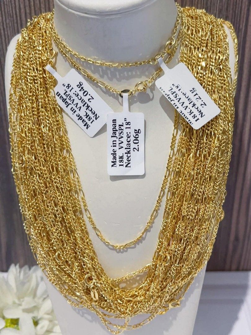 18k Japan gold Figaro necklaces (Category: Necklaces) located in Manila. Submitted by bhelgoldseller2ndaccount (Listing ID 1470879752, Image 3). Description: New!!✨New!!✨New!! Authentic 18k Japan Golds 💯pawnable/naisasanla 💯with high appraisal rate 💯good investment 💯Direct supplier price 👉OPEN for resellers 🌺please take time to evaluate their actual sizes and grams 👉Best panggift for all occasions ✅ Sold per grams not per piece Kya lowest 