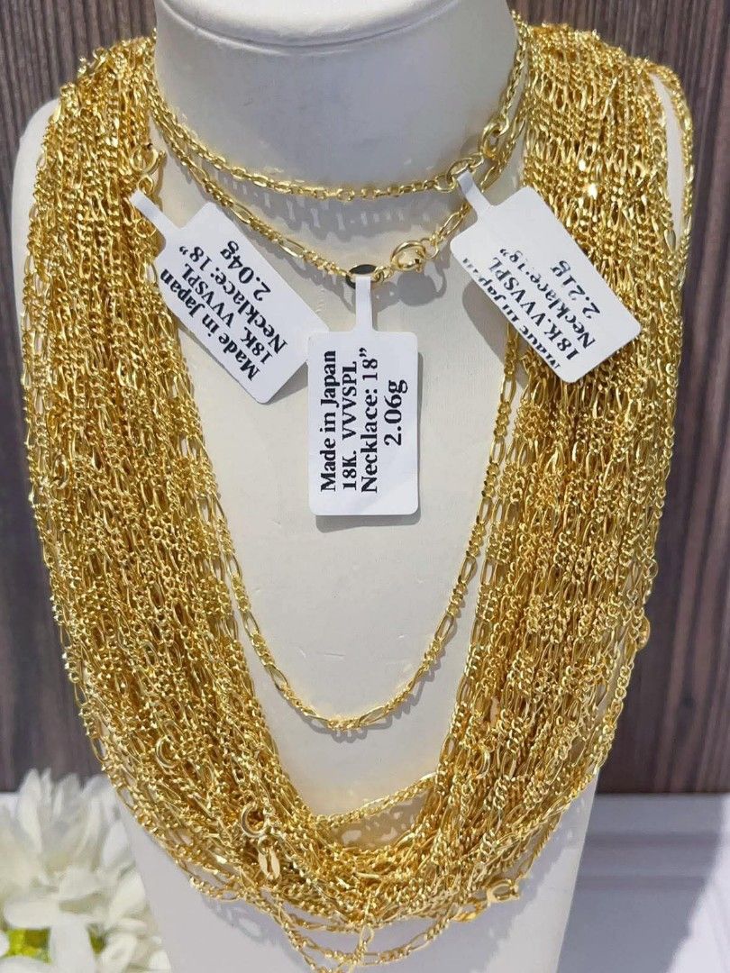 18k Japan gold Figaro necklaces (Category: Necklaces) located in Manila. Submitted by bhelgoldseller2ndaccount (Listing ID 1470879752, Image 2). Description: New!!✨New!!✨New!! Authentic 18k Japan Golds 💯pawnable/naisasanla 💯with high appraisal rate 💯good investment 💯Direct supplier price 👉OPEN for resellers 🌺please take time to evaluate their actual sizes and grams 👉Best panggift for all occasions ✅ Sold per grams not per piece Kya lowest 
