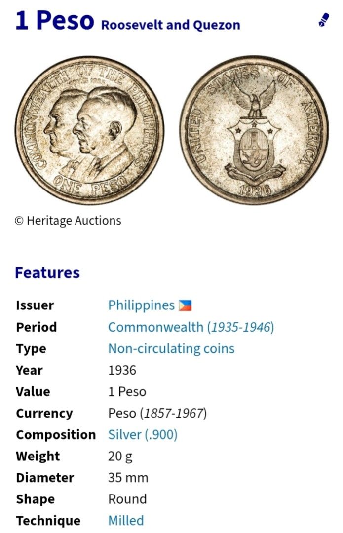 1936 1Peso Roosevelt and Quezon (Category: Currency) located in Manila. Submitted by wildcrystal.3b537c (Listing ID 1470900710, Image 3). Description: Low mintage Hard to find.