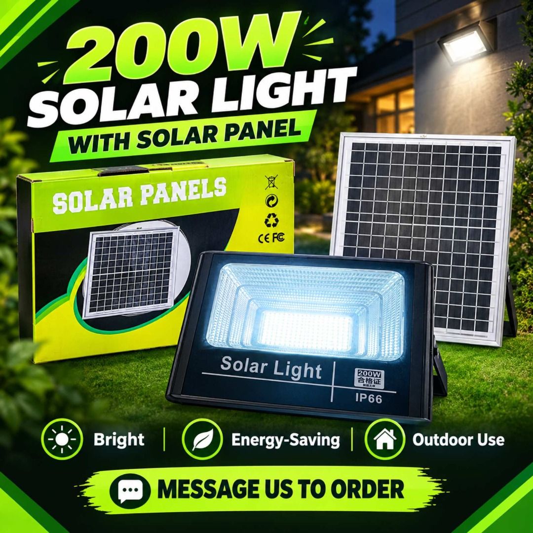 200W Solar Light With Solar Panel (Category: Lighting) located in Caloocan City. Submitted by grandflower_771b6b (Listing ID 1470782048, Image 1). Description: - Power: 200W solar light set (includes solar panel and bright floodlight fixture) - Efficiency: Energy-saving design with high output brightness - Durability: IP66 waterproof rating, ideal for all outdoor weather conditions - Perfect For: Yards, gardens, garages, and exterior walls - Cond