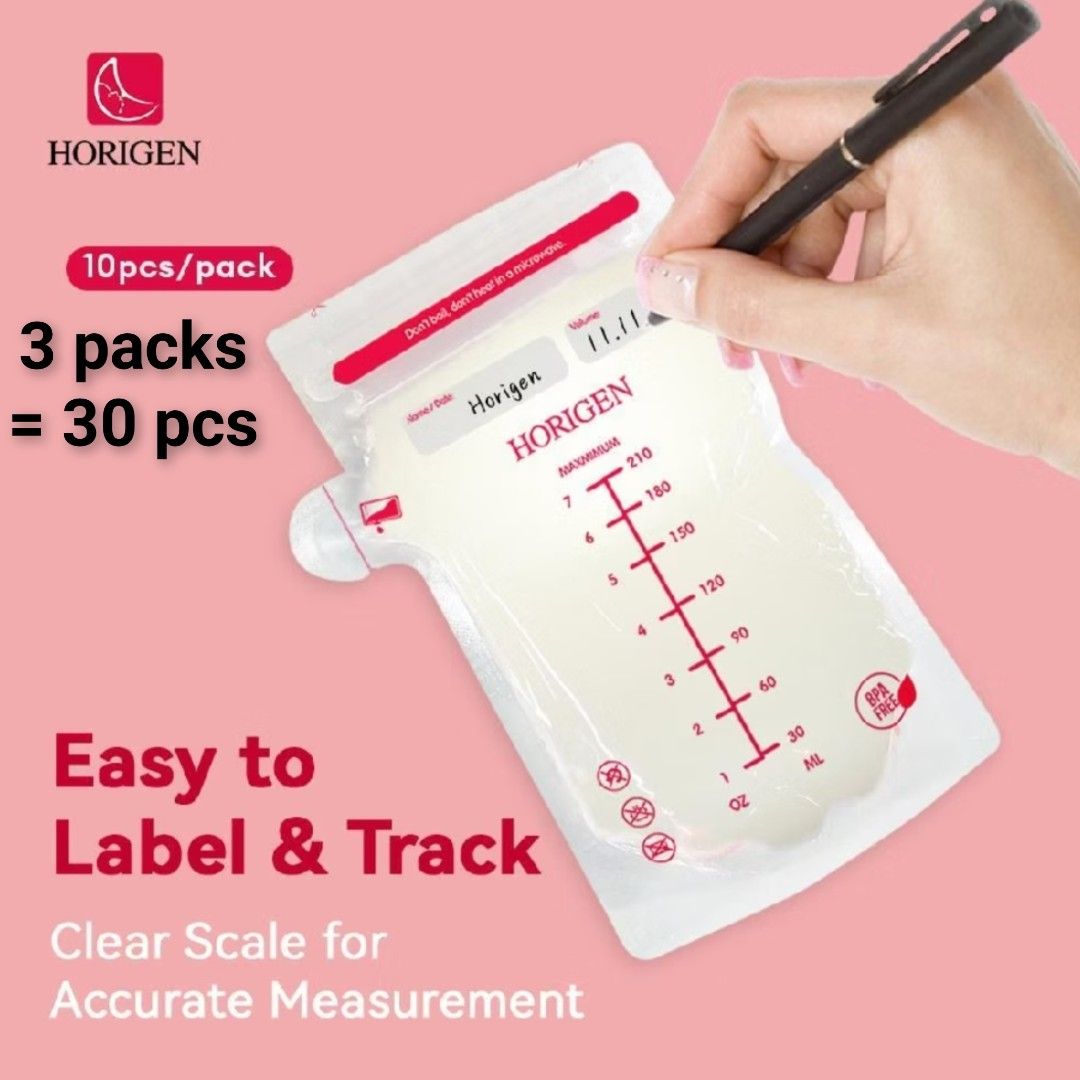 30 PCs Horigen Breast Milk Storage Bag 210ml (Category: Breastfeeding & Bottle Feeding) located in Quezon City. Submitted by rosepam (Listing ID 1470778650, Image 1). Description: Horigen Breast Milk Storage Bag 210ml 10 PCs x 3 packs (30 PCs) FIX PRICE NEW Authentic/original (from official store) RFS: too many (di magagamit lahat).