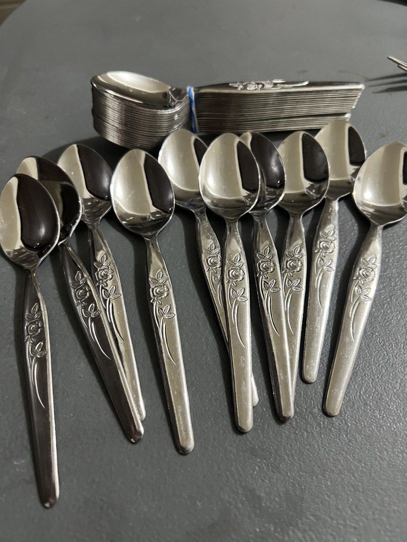 30pcs Japan Rose Cake / Teaspoons (Category: Dinnerware & Cutlery) located in Manila. Submitted by ajd080324 (Listing ID 1470776464, Image 1). Description: Selling as a bulk take-all lot: 30 pieces of authentic vintage stainless steel cake/teaspoons. Origin: Made in Japan - Pattern: Embossed Mid-Century Rose and Stem design -perfect matching set for events, small cafes, home bakers, or replacements.