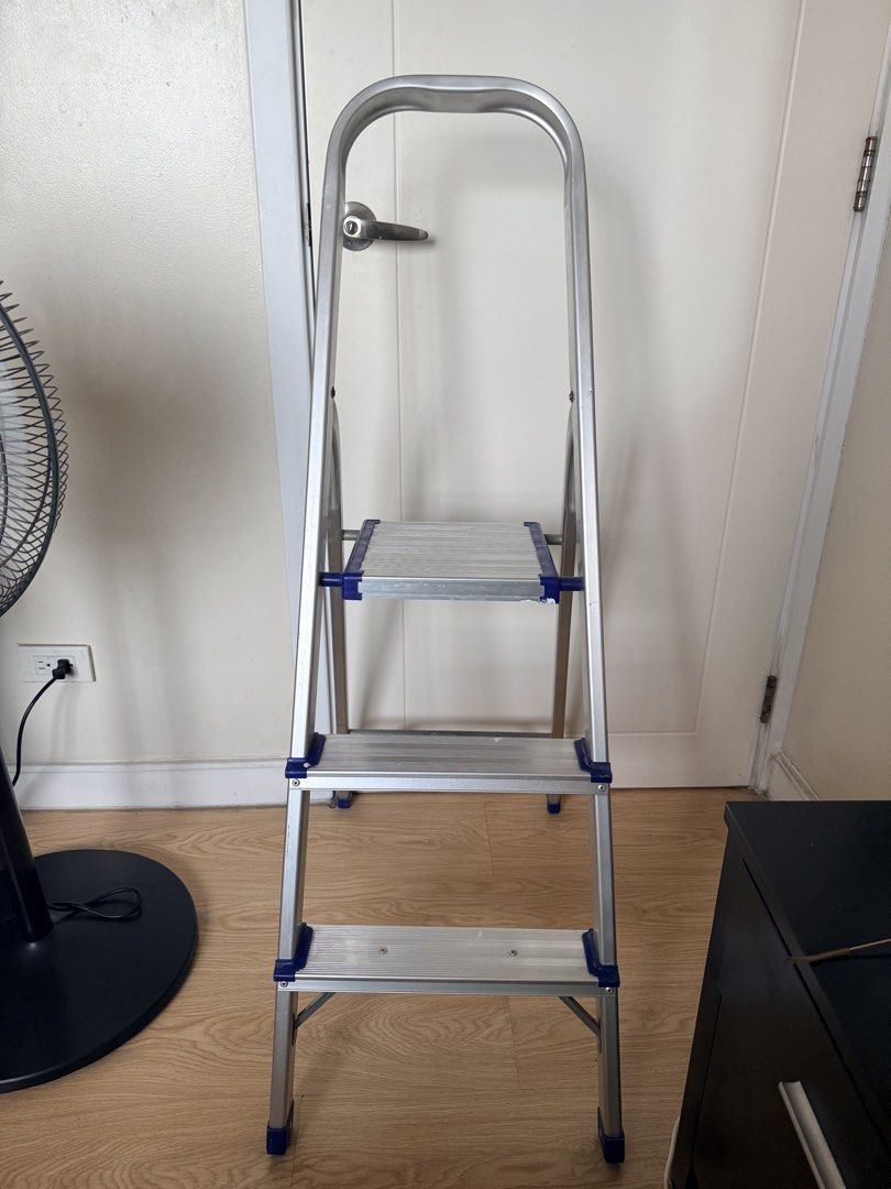 3-Step Heavy-Duty Lightweight Aluminum Folding Step Ladder / Step Stool (Category: Ladders & Steps) located in Pasig City. Submitted by vdejesus (Listing ID 1470821617, Image 2). Description: 🪜 3-Step Heavy-Duty Lightweight Aluminum Folding Step Ladder / Step Stool A must-have home essential for every household, condo, or office! This 3-step lightweight aluminum folding ladder makes changing lightbulbs, cleaning high shelves, organized declutter