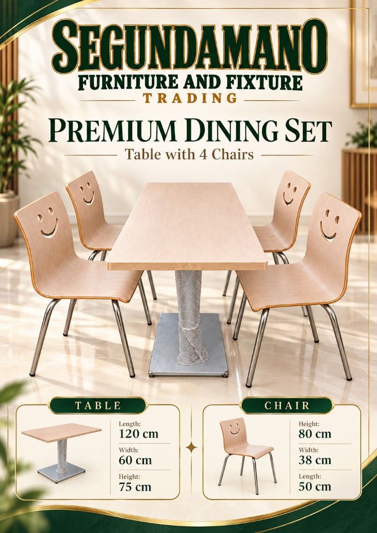 4 seater Dining set (Category: Tables & Sets) located in Manila. Submitted by segundamano.furniture (Listing ID 1470804042, Image 1). Description: 4 seater dining chair stainless and wood. Available in bulks.