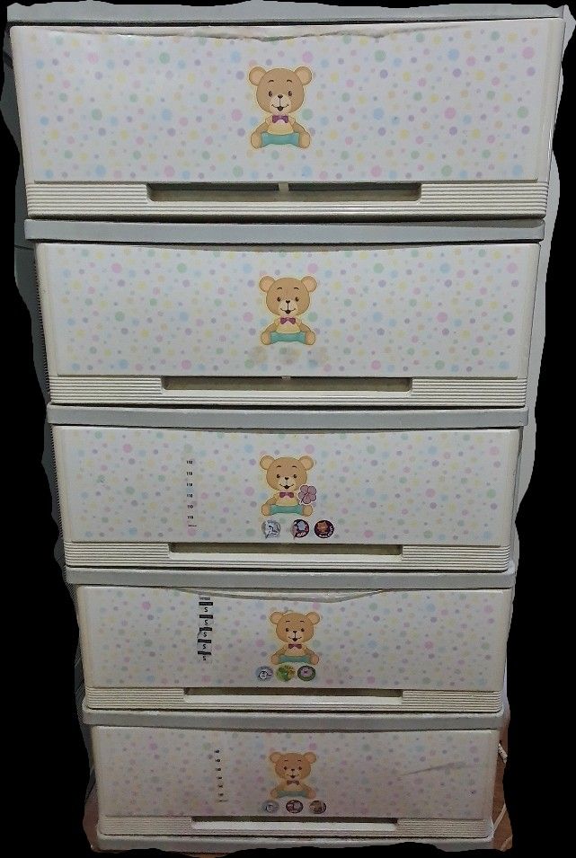 5-Tier Plastic Storage Drawer with Cute Bear Design (Category: Storage Boxes & Baskets) located in Paranaque City. Submitted by nicessities (Listing ID 1470863338, Image 1). Description: - Adorable 5-tier plastic drawer unit with polka dot and teddy bear patterns - Neutral grey trim for a stylish look in any kids' room or nursery - Spacious compartments ideal for clothes, toys, and daily essentials - Built with a sturdy construction for long-last