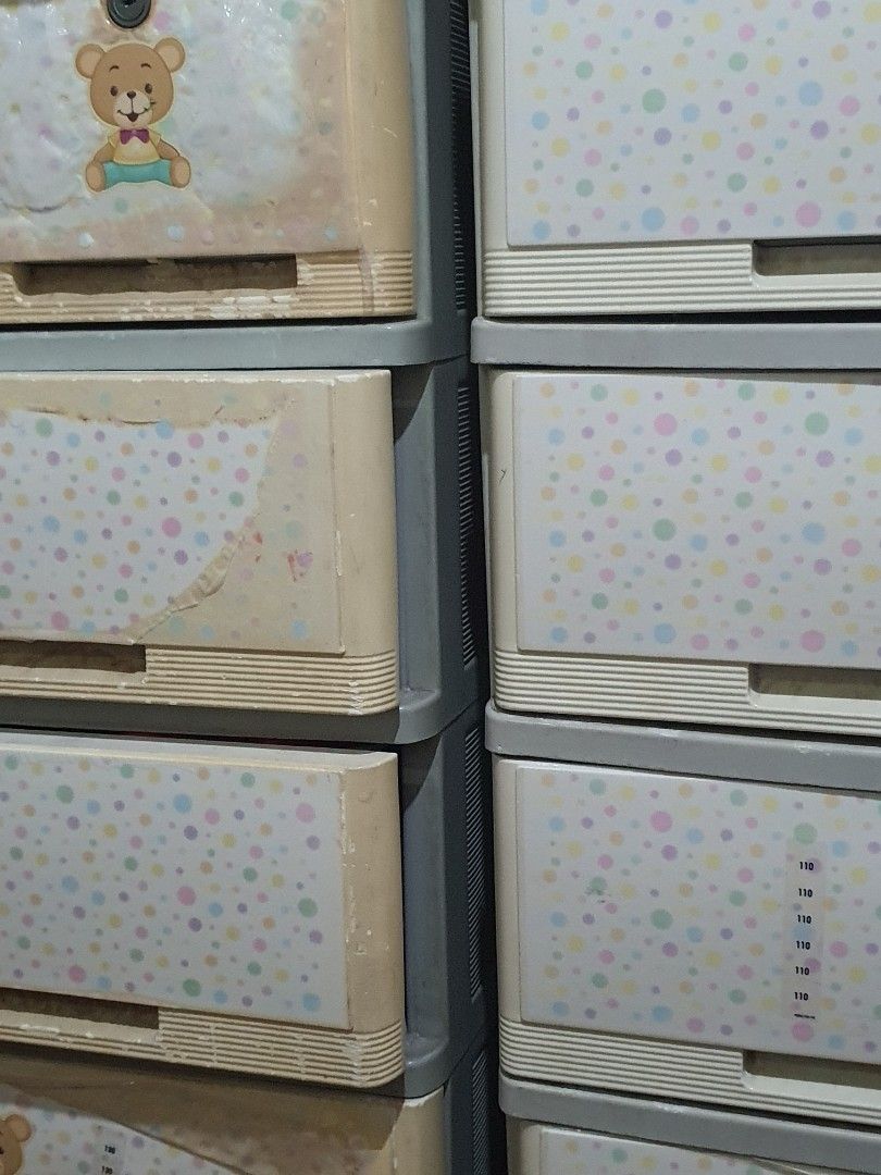 5-Tier Plastic Storage Drawer with Cute Bear Design (Category: Storage Boxes & Baskets) located in Paranaque City. Submitted by nicessities (Listing ID 1470863338, Image 3). Description: - Adorable 5-tier plastic drawer unit with polka dot and teddy bear patterns - Neutral grey trim for a stylish look in any kids' room or nursery - Spacious compartments ideal for clothes, toys, and daily essentials - Built with a sturdy construction for long-last