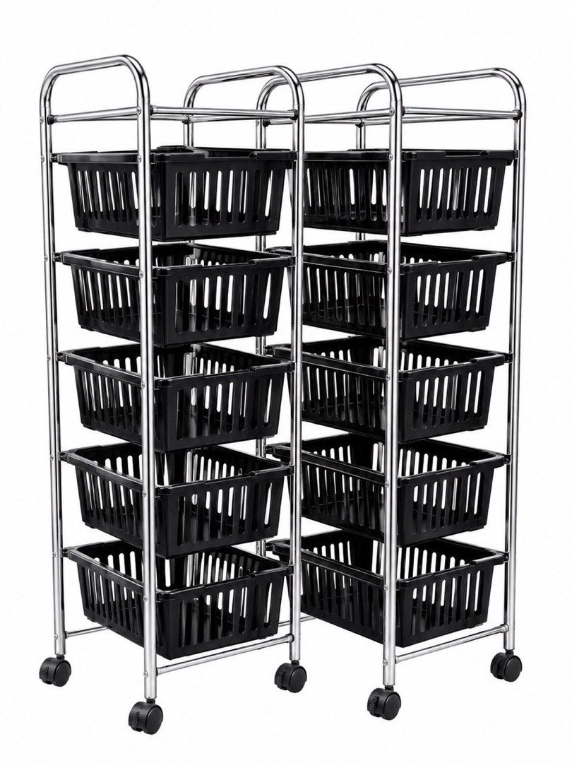 5-Tier Rolling Storage Cart with Black Baskets and Wheels (Category: Storage Boxes & Baskets) located in Manila. Submitted by dailystuff.ph (Listing ID 1470756181, Image 2). Description: - 5 removable black plastic baskets for versatile sorting - Sturdy chrome-plated metal frame with a convenient metal mesh top shelf - Smooth-rolling caster wheels for effortless mobility around the house - Multi-purpose design: ideal for kitchen supplies, office 