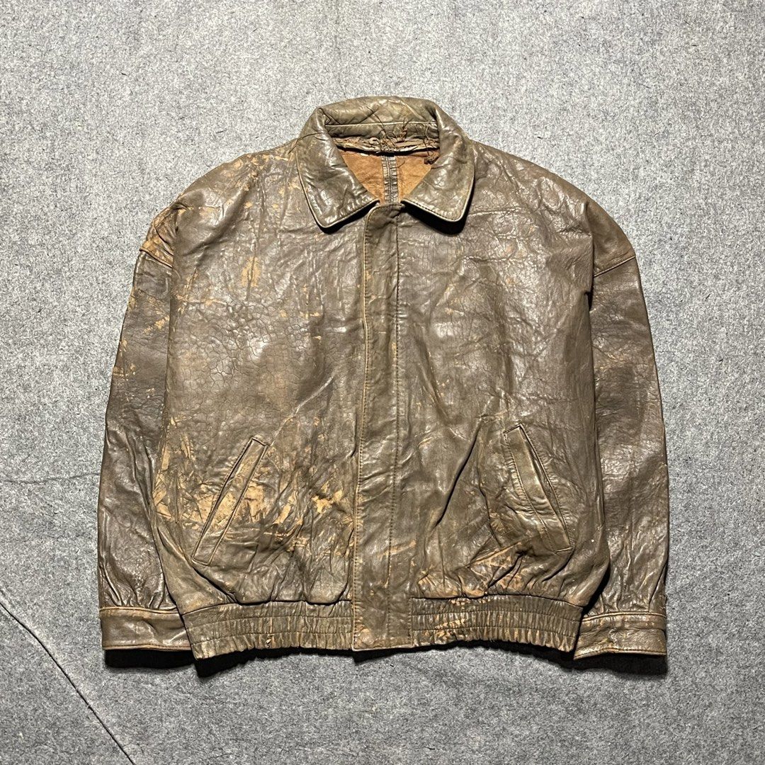 80’s Luis Alvear brown leather bomber jacket (Category: Coats, Jackets and Outerwear) located in Zamboanga. Submitted by rag_20 (Listing ID 1470913448, Image 1). Description: 80’s Luis Alvear brown leather bomber jacket This specific piece is an A-2/Harrington style flight jacket from the 1980s or 1990s, featuring a classic fold-down collar, an elasticized ribbed waist, slash hand pockets, and structured shoulders. Pieces from this era often feat