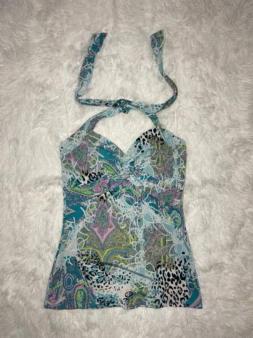 ✨ Vintage Paisley Halter Top ✨ (Category: Sleeveless) located in Tambulig. Submitted by vestraarchives. (Listing ID 1470807917, Image 1). Description: Super rare early 2000s / Y2K beach party aesthetic! 🌊🍹 Featuring a chaotic, vibrant mix of teal paisley, animal print accents, and neon floral details, this multi-patterned beauty is the ultimate sun-drenched throwback staple..