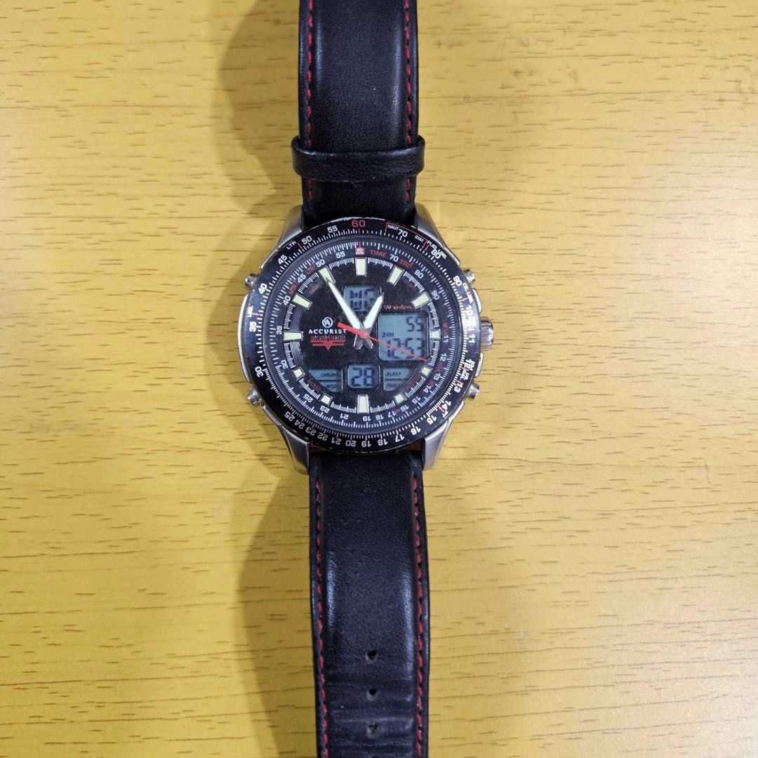 Accurist Skymaster Pilot Chronograph Watch (Category: Men's Watches) located in Baguio. Submitted by dreshop (Listing ID 1470757695, Image 3). Description: -Accurist Skymaster - Analog-digital with working display screens - Black with luminous hands and red second hand - Multiple digital sub-dials (chronograph, alarm) and aviation slide rule bezel - Black leather, steel buckle - Durable stainless steel - Working and ready to wear.