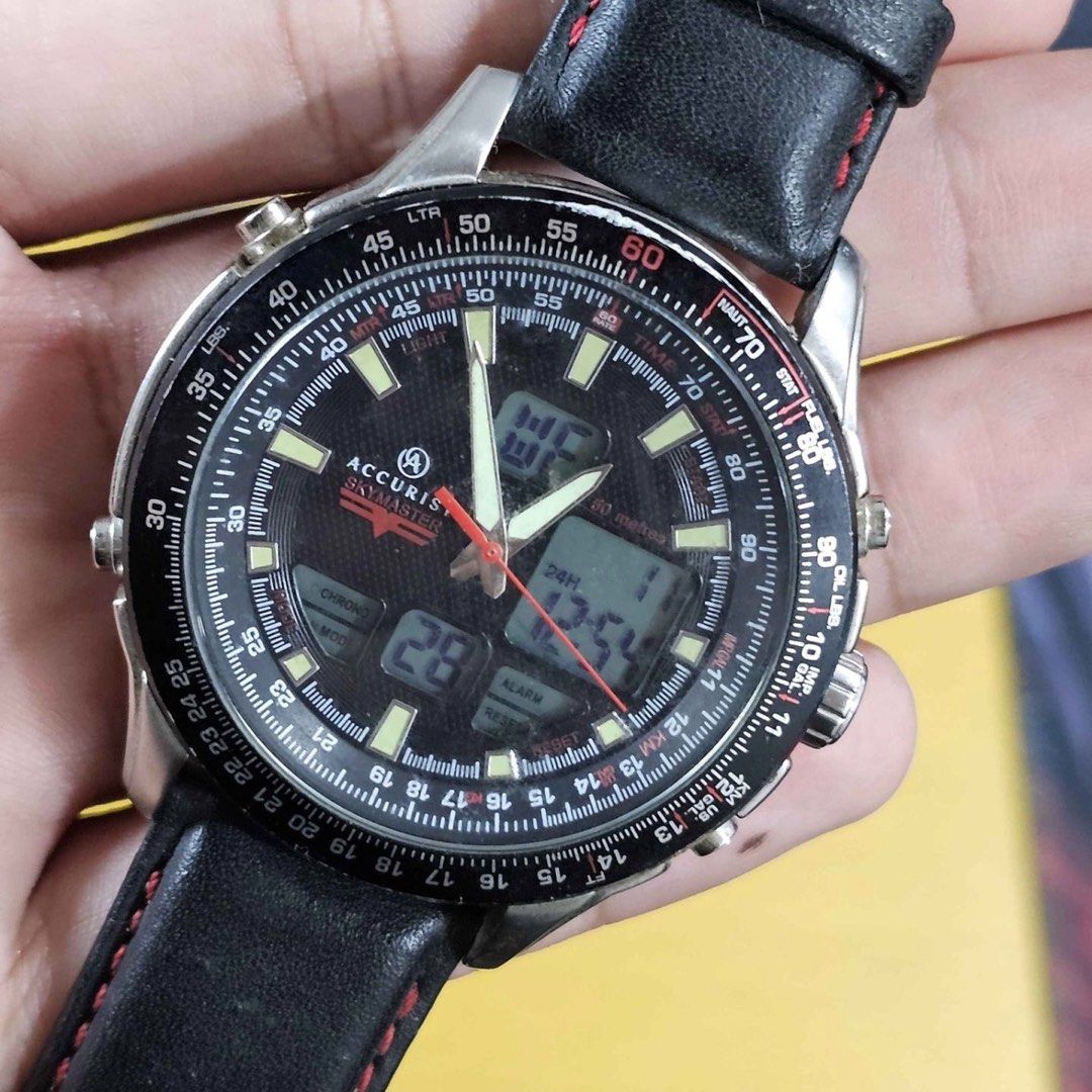 Accurist Skymaster Pilot Chronograph Watch (Category: Men's Watches) located in Baguio. Submitted by dreshop (Listing ID 1470757695, Image 2). Description: -Accurist Skymaster - Analog-digital with working display screens - Black with luminous hands and red second hand - Multiple digital sub-dials (chronograph, alarm) and aviation slide rule bezel - Black leather, steel buckle - Durable stainless steel - Working and ready to wear.