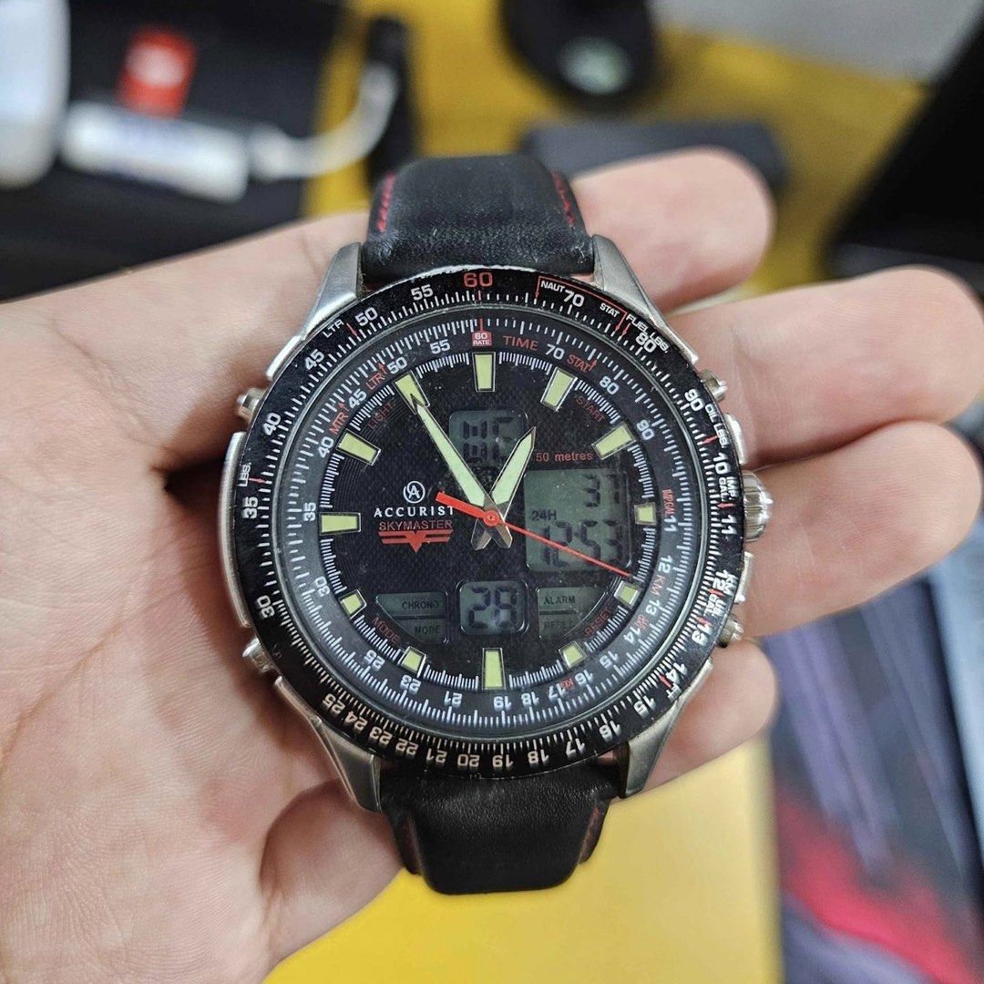 Accurist Skymaster Pilot Chronograph Watch (Category: Men's Watches) located in Baguio. Submitted by dreshop (Listing ID 1470757695, Image 1). Description: -Accurist Skymaster - Analog-digital with working display screens - Black with luminous hands and red second hand - Multiple digital sub-dials (chronograph, alarm) and aviation slide rule bezel - Black leather, steel buckle - Durable stainless steel - Working and ready to wear.