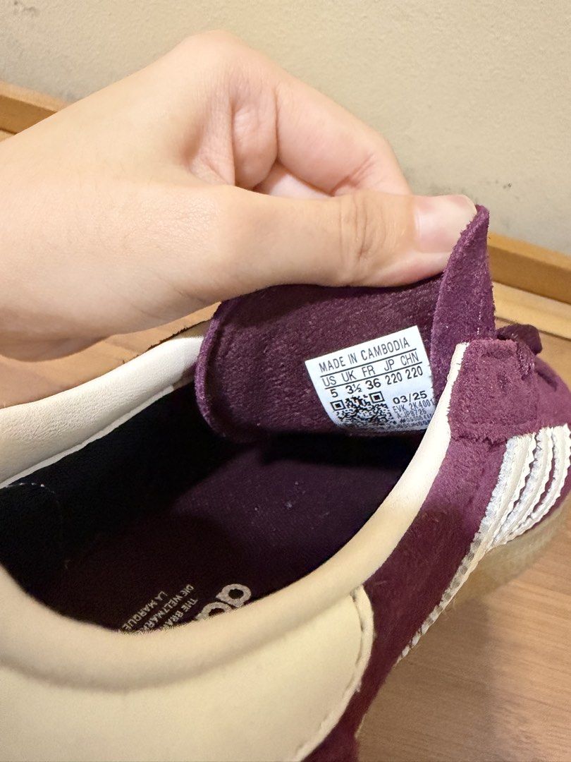 Adidas Handball Spezial (Category: Sneakers) located in San Pedro. Submitted by nikkiabc.777 (Listing ID 1470755755, Image 3). Description: Adidas Handball Spezial Shoes Color: Maroon/Cream White/ Gold Metallic Size: US-Women 5 US-Men 4 EU 36 UK 3.5 Heel - toe (cm) 22.1 cm Heel - toe (inch) 8.7" True to size. Bought from Adidas Ayala Malls Manila Bay Bought for ₱5,800 With box. No flaws. RFS: decluttering Location: San Pedro, Laguna.