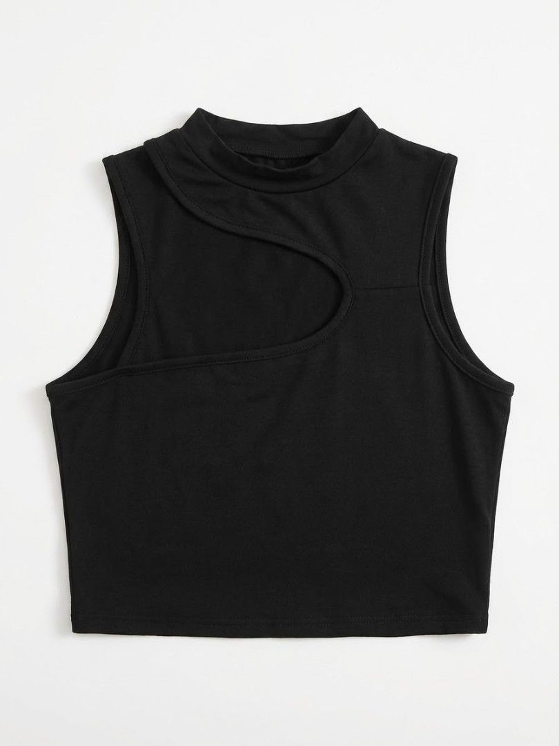 Aesthetic Black High-Neck Cut-Out Crop (Category: Sleeveless) located in Manila. Submitted by vbaykco (Listing ID 1470787174, Image 2). Description: Title: Black Asymmetric Cut-Out High-Neck Crop Top Price: ₱[150] Condition: [e.g., Like New ] Size: Fits [Small to Medium /XS / S] Description: Elevate your everyday wardrobe with this trendy black high-neck crop top featuring an asymmetric front cut-out. Perfect for pairing with high-waisted jeans, 