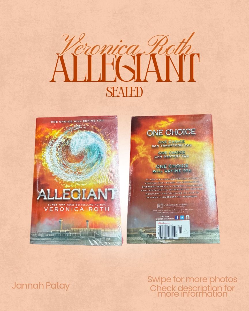 Allegiant (SEALED) (Category: Storybooks) located in Davao. Submitted by strawbae.moon (Listing ID 1470429008, Image 1). Description: Title: Allegiant 📚 Author: Veronica Roth ✍🏼 🧶 Item Condition: • SEALED • Pre-loved • No pen marks or highlights • Unused • With minimal scratches on the plastic seal, but unopened 💋 With a discount if bought with other items on my profile 🙂 STRICTLY NO REFUNDS/RETURNS❗ ✍🏼 Kindly review all the photos before p