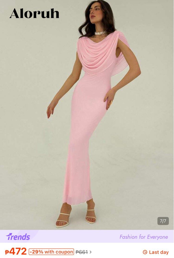 Aloruh Solid Pleated Elegant Long Dress (Category: Dresses) located in Manila. Submitted by clarisseto33619 (Listing ID 1470895025, Image 2). Description: - Brand/Item: Aloruh long pink dress - Condition: Worn once for a few hours, super clean condition - Design: Elegant cowl neck with draped cape sleeves - Silhouette: Floor-length column cut - Color: Light pink solid fabric - Perfect for: Weddings, formal events, and parties.