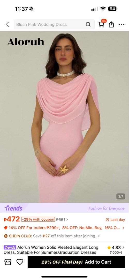 Aloruh Solid Pleated Elegant Long Dress (Category: Dresses) located in Manila. Submitted by clarisseto33619 (Listing ID 1470895025, Image 1). Description: - Brand/Item: Aloruh long pink dress - Condition: Worn once for a few hours, super clean condition - Design: Elegant cowl neck with draped cape sleeves - Silhouette: Floor-length column cut - Color: Light pink solid fabric - Perfect for: Weddings, formal events, and parties.