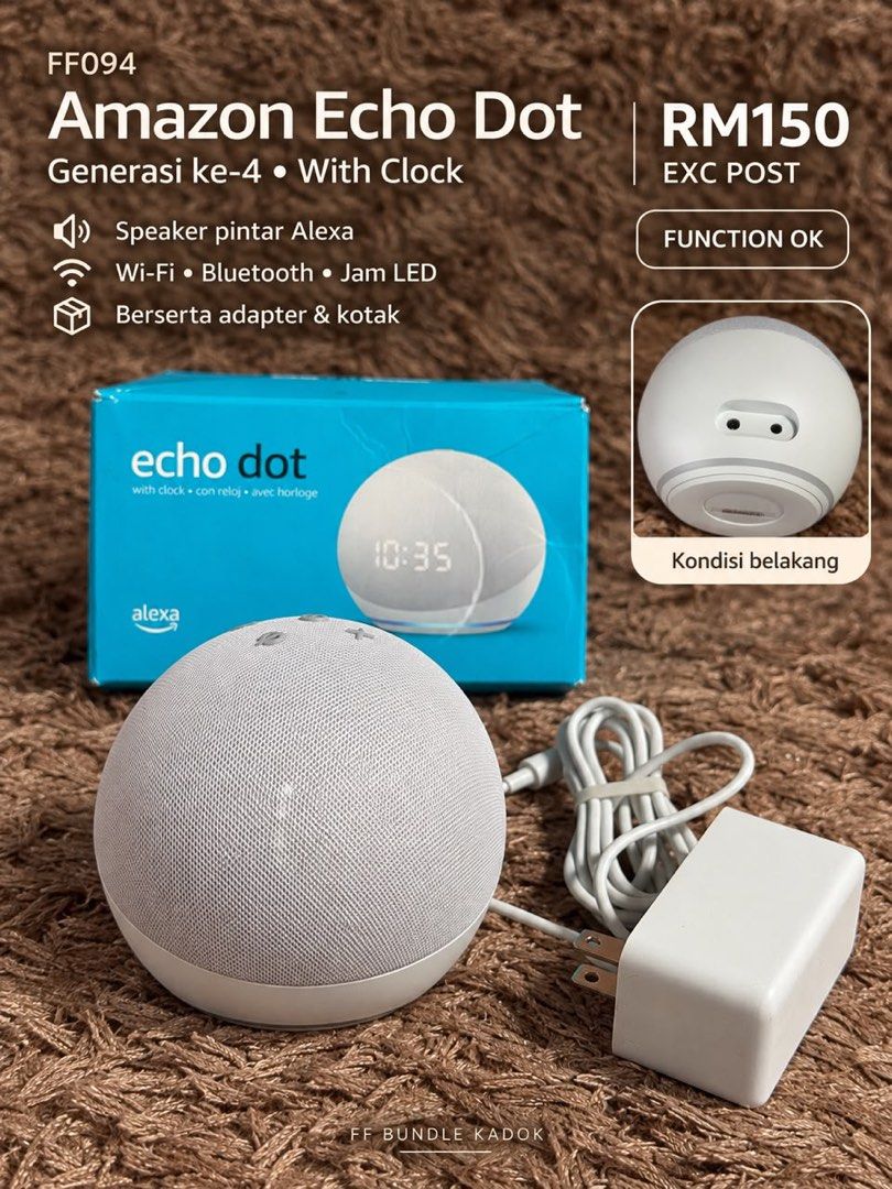 Amazon Echo Dot with clock (Category: Clocks) located in Kadok. Submitted by bundlekadok (Listing ID 1470830079, Image 1). Description: ❤️ PRE-LOVED FROM SINGAPORE 🇸🇬 ✅ Condition seperti dalam gambar ⚡ Barang elektrik siap waranti 📦 Pos seluruh Semenanjung Malaysia 📍 FF BUNDLE KADOK Kg. Kadok, Kota Bharu, Kelantan 🕘 Sabtu – Khamis: 9.30 pagi – 6.30 petang ❌ Jumaat: Cuti 📲 Ws detail : 012-9052 753 🔥 Jom singgah! Barang menarik, harga berbal