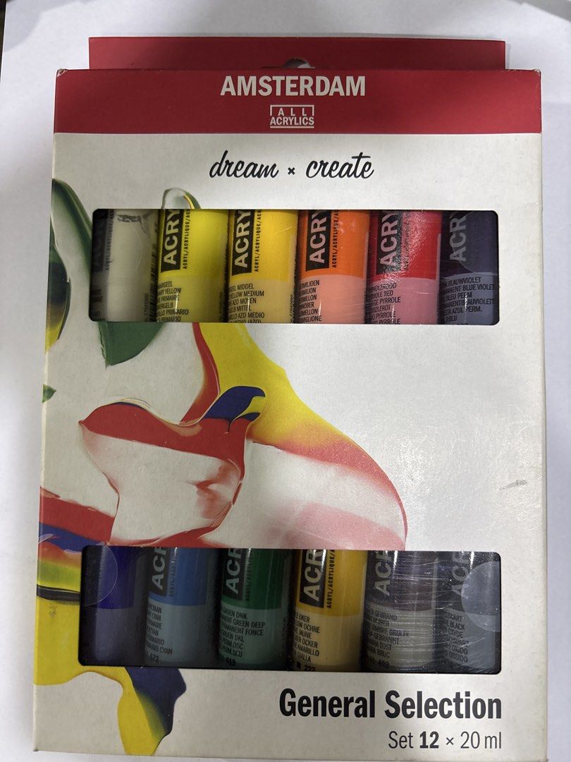 Amsterdam All Acrylics General Selection Set 12 x 20 ml (Category: Craft Supplies & Tools) located in Mandaluyong City. Submitted by clothescarousel (Listing ID 1470904364, Image 1). Description: - Brand new Amsterdam Standard Series acrylic paint box set - Includes 12 tubes (20 ml each) - Vibrant primary and secondary colors: Titanium White, Primary Yellow, Azogeen Middle, Vermilion, Pyrrole Red, Permanent Blue Violet, Ultramarine, Primary Cyan,