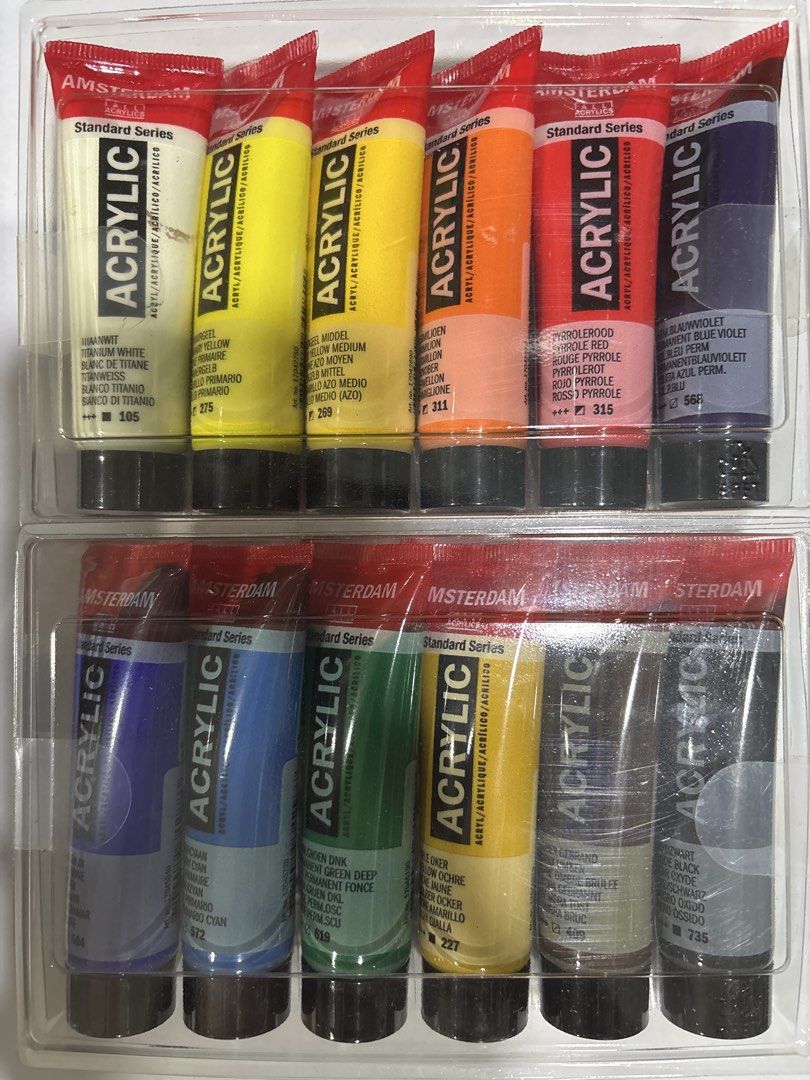 Amsterdam All Acrylics General Selection Set 12 x 20 ml (Category: Craft Supplies & Tools) located in Mandaluyong City. Submitted by clothescarousel (Listing ID 1470904364, Image 3). Description: - Brand new Amsterdam Standard Series acrylic paint box set - Includes 12 tubes (20 ml each) - Vibrant primary and secondary colors: Titanium White, Primary Yellow, Azogeen Middle, Vermilion, Pyrrole Red, Permanent Blue Violet, Ultramarine, Primary Cyan,