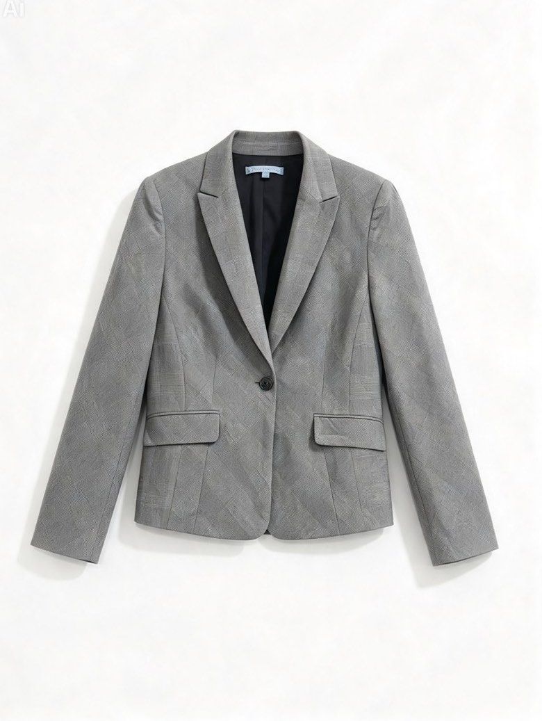ANTONIO MELANI (Category: Coats, Jackets and Outerwear) located in Davao. Submitted by sart0ria85 (Listing ID 1470909275, Image 1). Description: Antonio Melani blazer in grey plaid pattern. Tailored fit with single button closure, flap pockets, and notched lapels. Fully lined in black fabric. Size 10. Made with polyester, viscose, and elastane blend shell, acetate lining. Dry clean only. Professional style for work or formal wear. MADE IN CHINA �
