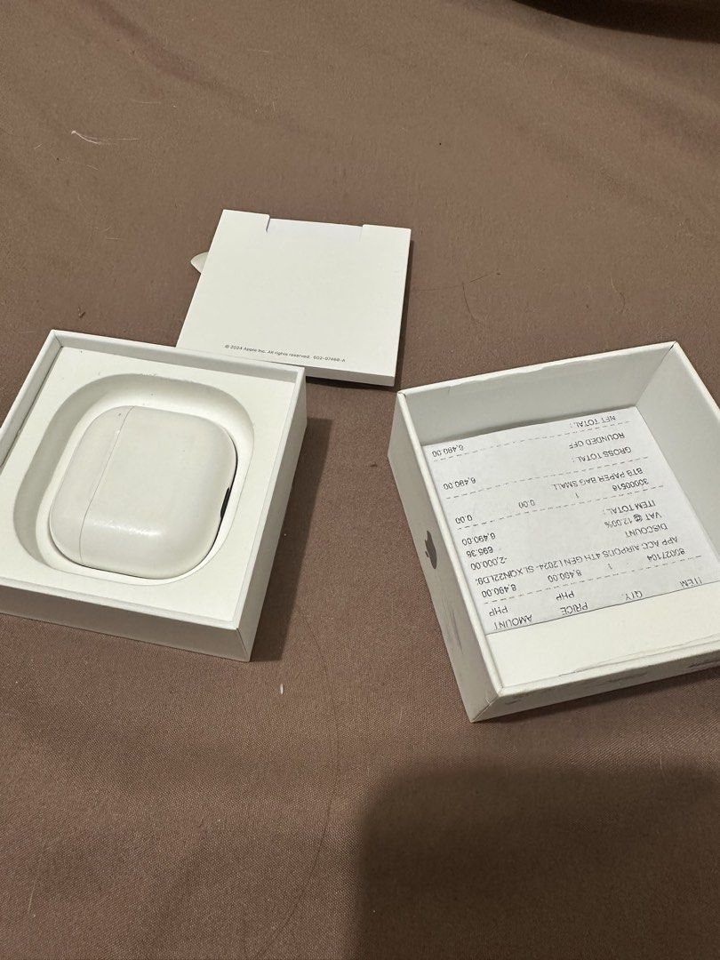 Apple AirPods 4th Gen (Category: Earphones) located in Bacoor. Submitted by katsune (Listing ID 1470859855, Image 1). Description: Without noise cancellation No issue with box.